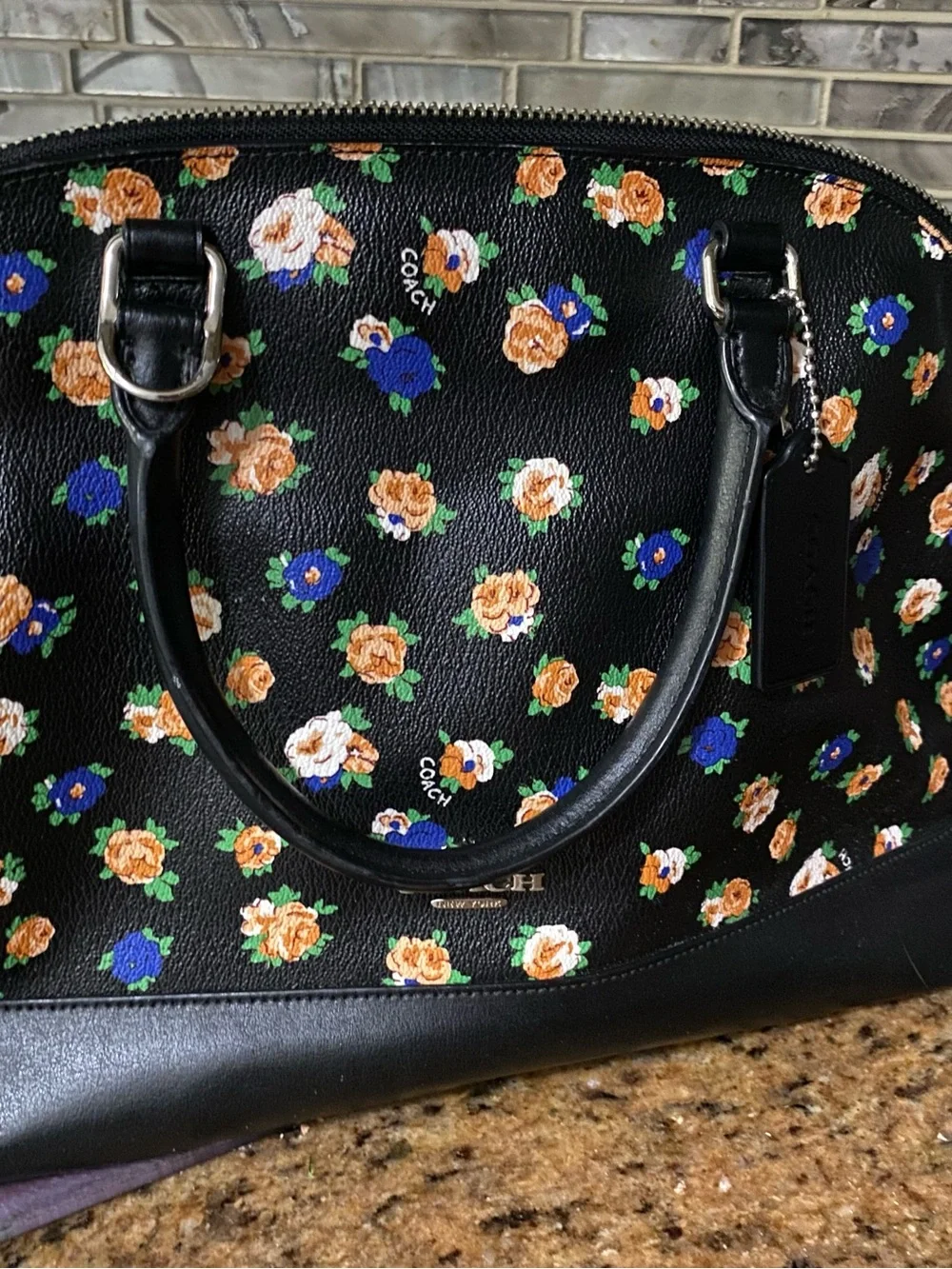 Coach Black Floral Dome Satchel - Black with Orange & Blue Flowers